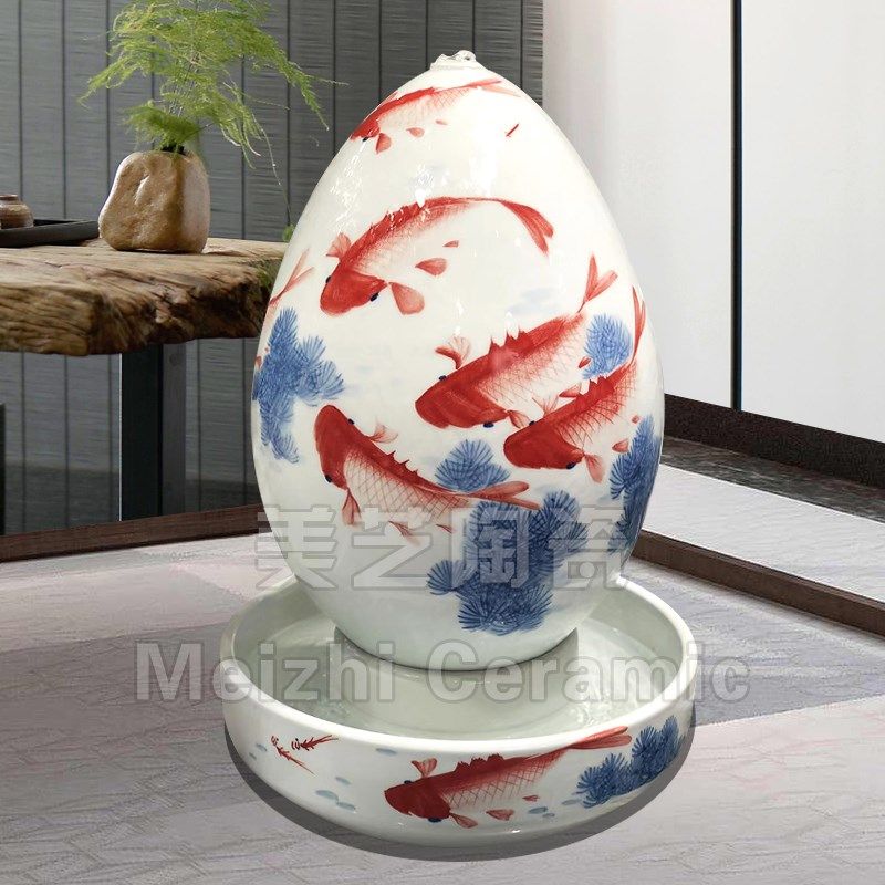 玄关手绘陶瓷加湿器花瓶鸿运当头流水生财摆件循环水景陶罐喷泉缸