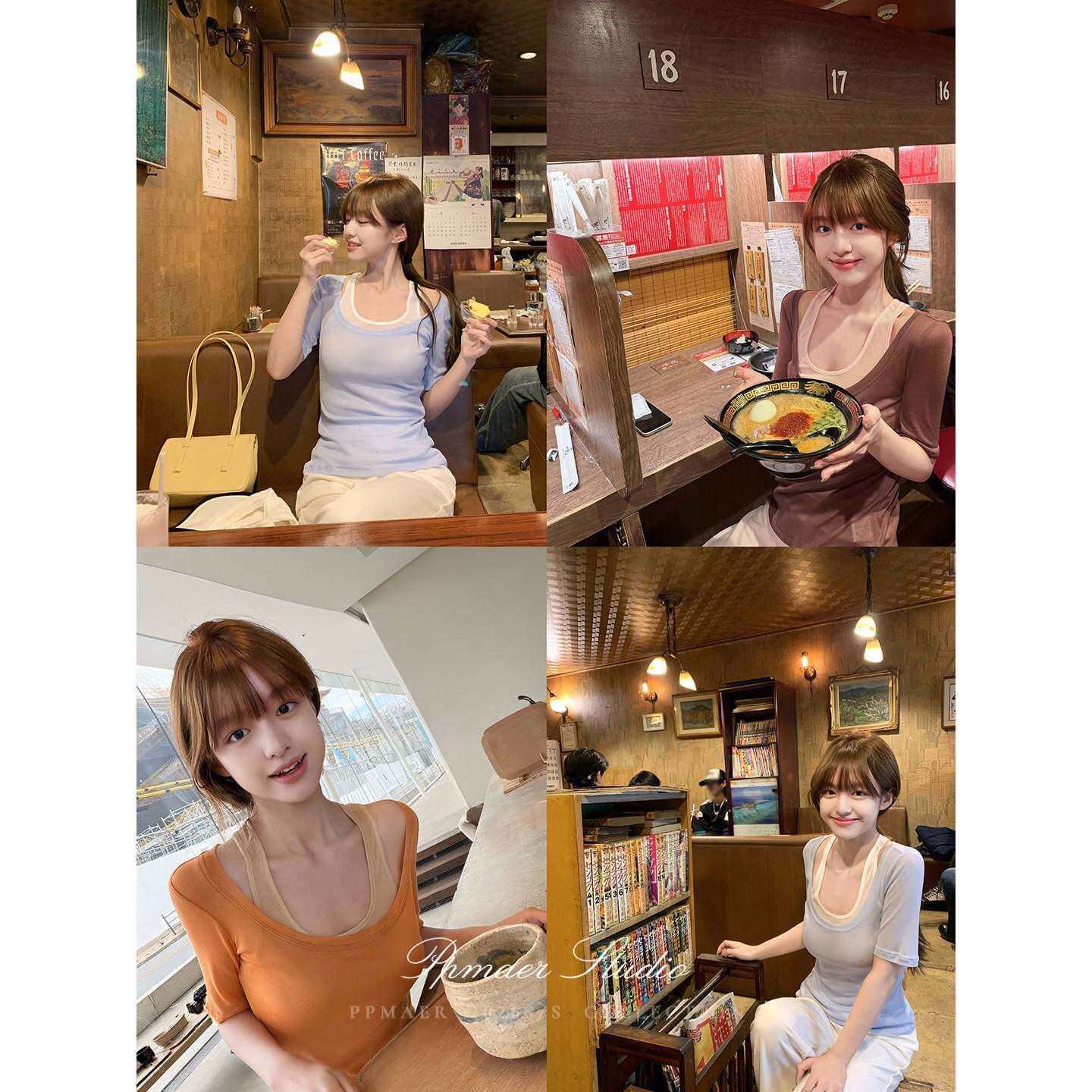 PPMAER 【趣味少女 100%天丝】莱赛尔大U领半袖T恤女气质修身上衣