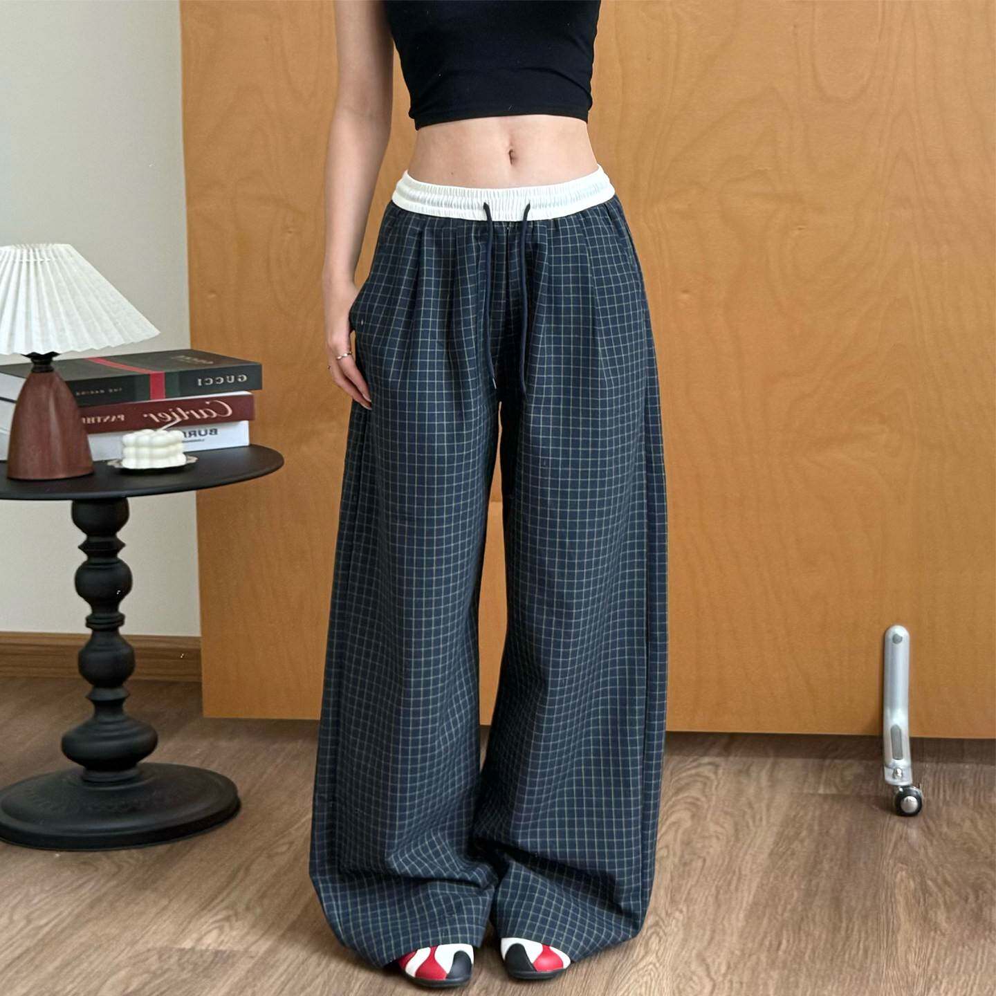 藏青色复古格子裤女2026春夏薄款美式阔腿宽松显瘦亚麻直筒休闲裤