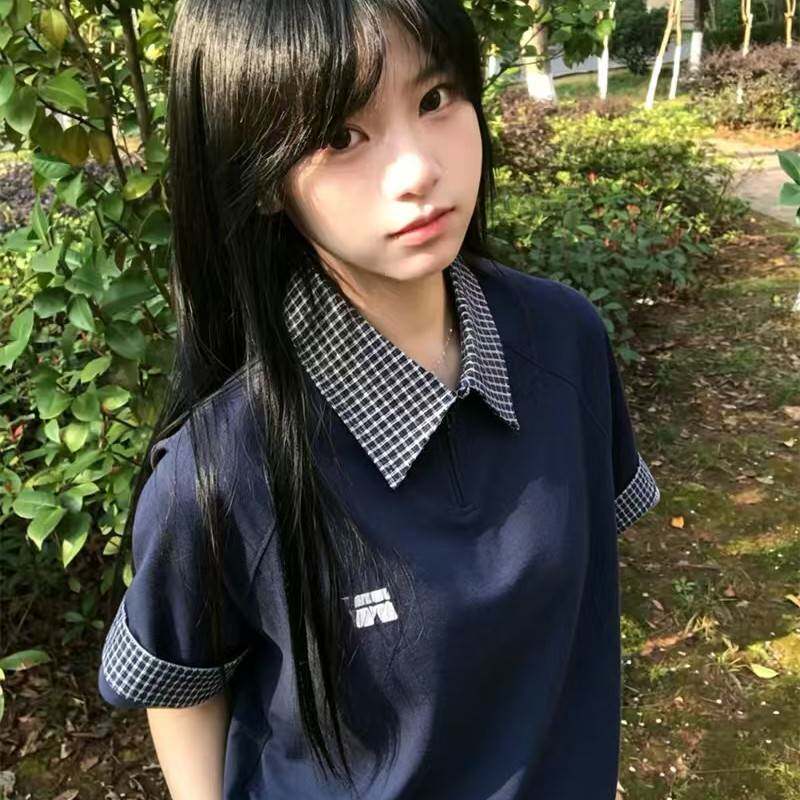 纯棉日系假两件短袖polo衫T恤女正肩夏季设计感小众学院风上衣服