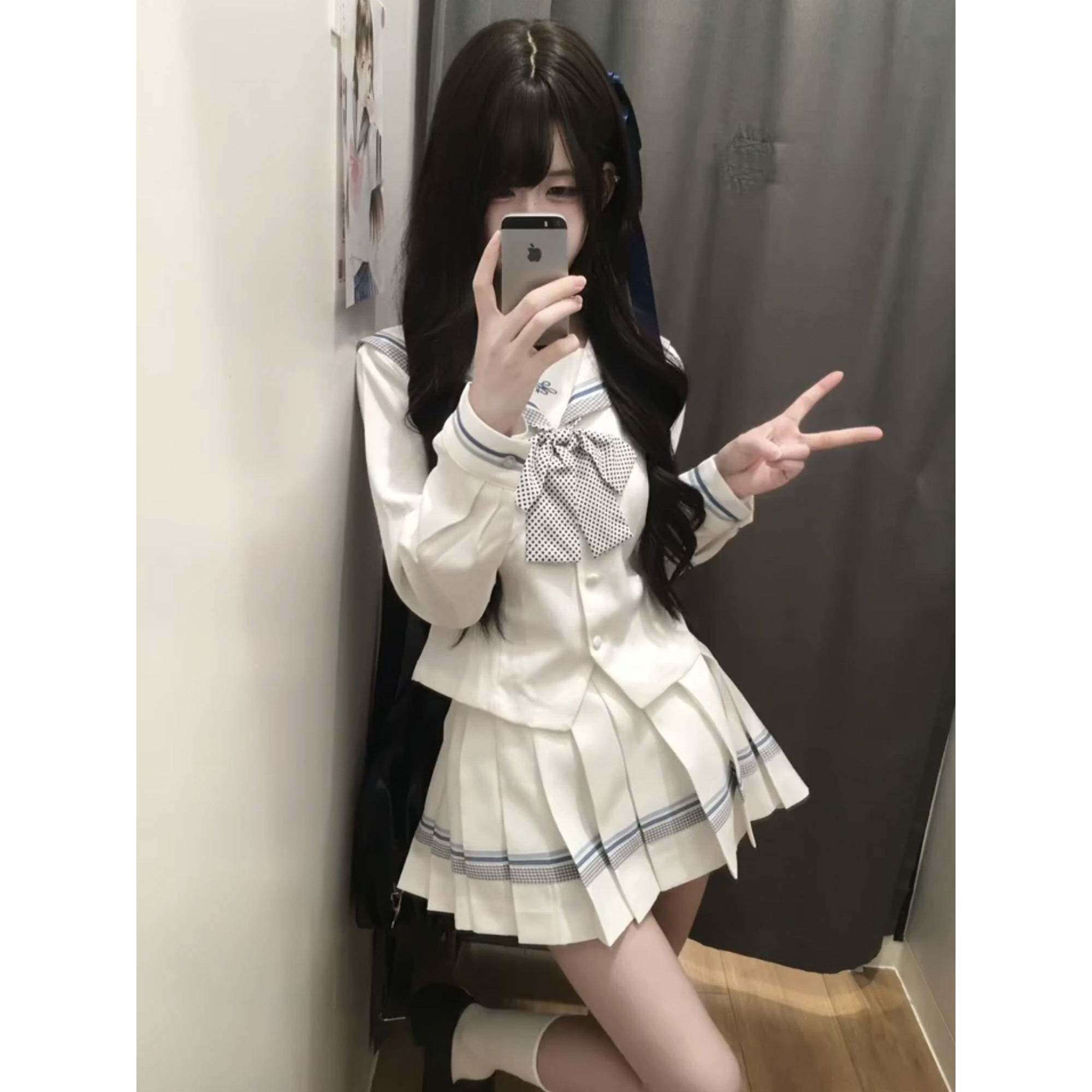lulucake小栀长袖水手服收腰jk制服中间服秋日系白色学院风套装女