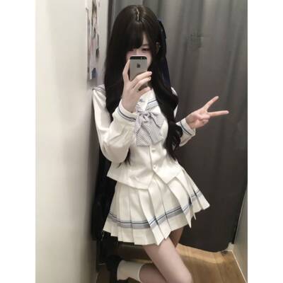 lulucake小栀长袖水手服收腰jk制服中间服秋日系白色学院风套装女