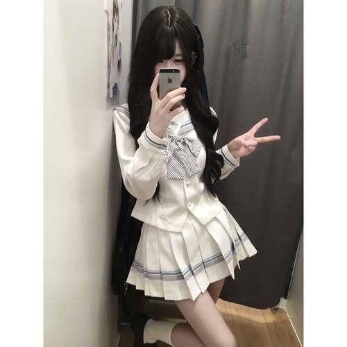 lulucake小栀长袖水手服收腰jk制服中间服秋日系白色学院风套装女