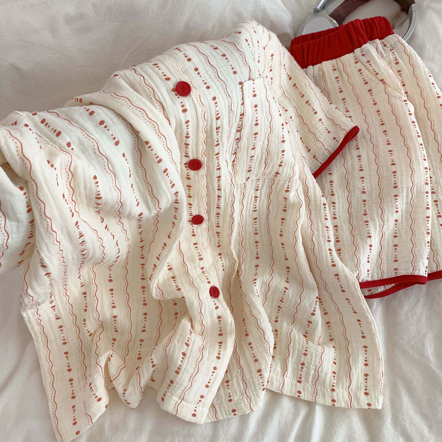 韩式波纹纯棉纱布睡衣女款夏季超柔软宽松圆领短袖短裤家居服ins