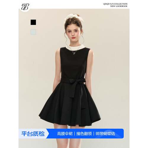 QDQD 赫本风无袖连衣裙夏季新款系带收腰显瘦千金感气质蓬蓬裙女