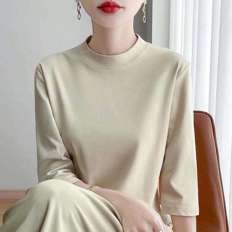 高端全棉小半高领七分袖T恤女2025春夏季大码纯棉上衣内搭打底衫