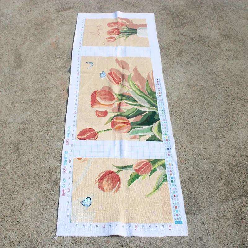 绣好的纯手工十字绣成品郁金香三连画满绣客厅风景画不带框