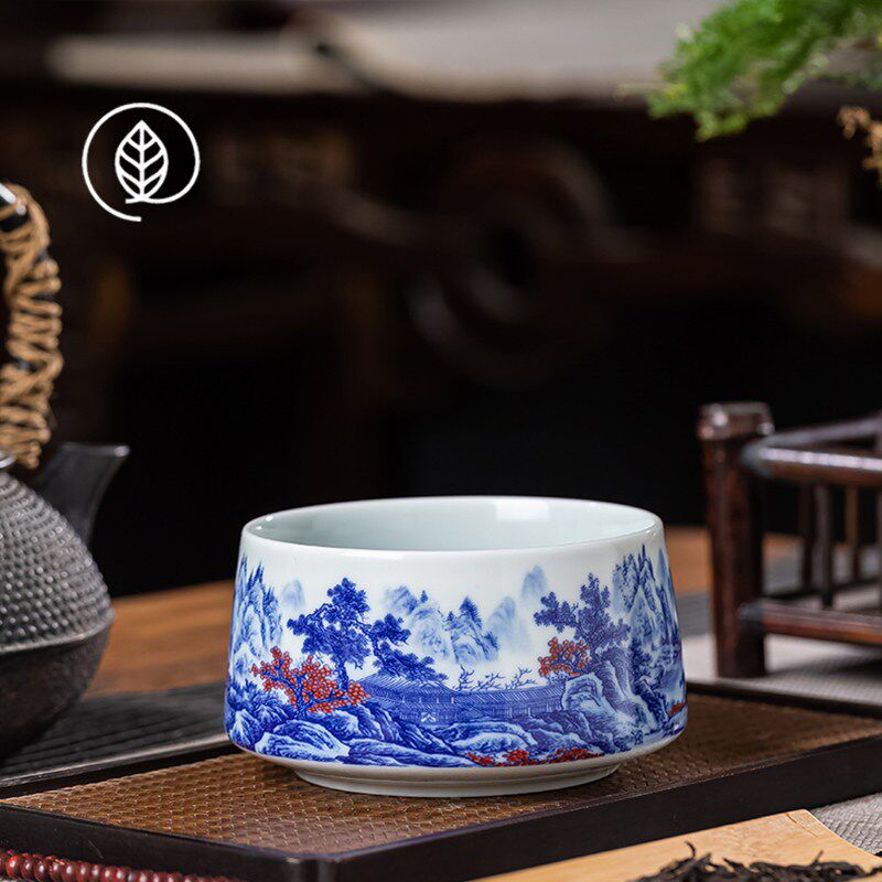 景德镇仿古青花山水茶洗水盂家用茶渣缸陶瓷水洗废水缸茶道零配件