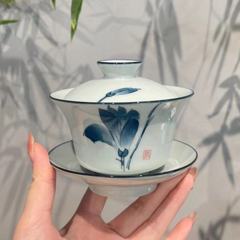 惊蛰 新中式手绘青花玉兰三才盖碗陶瓷功夫茶具泡茶碗大号国风 - 实物图