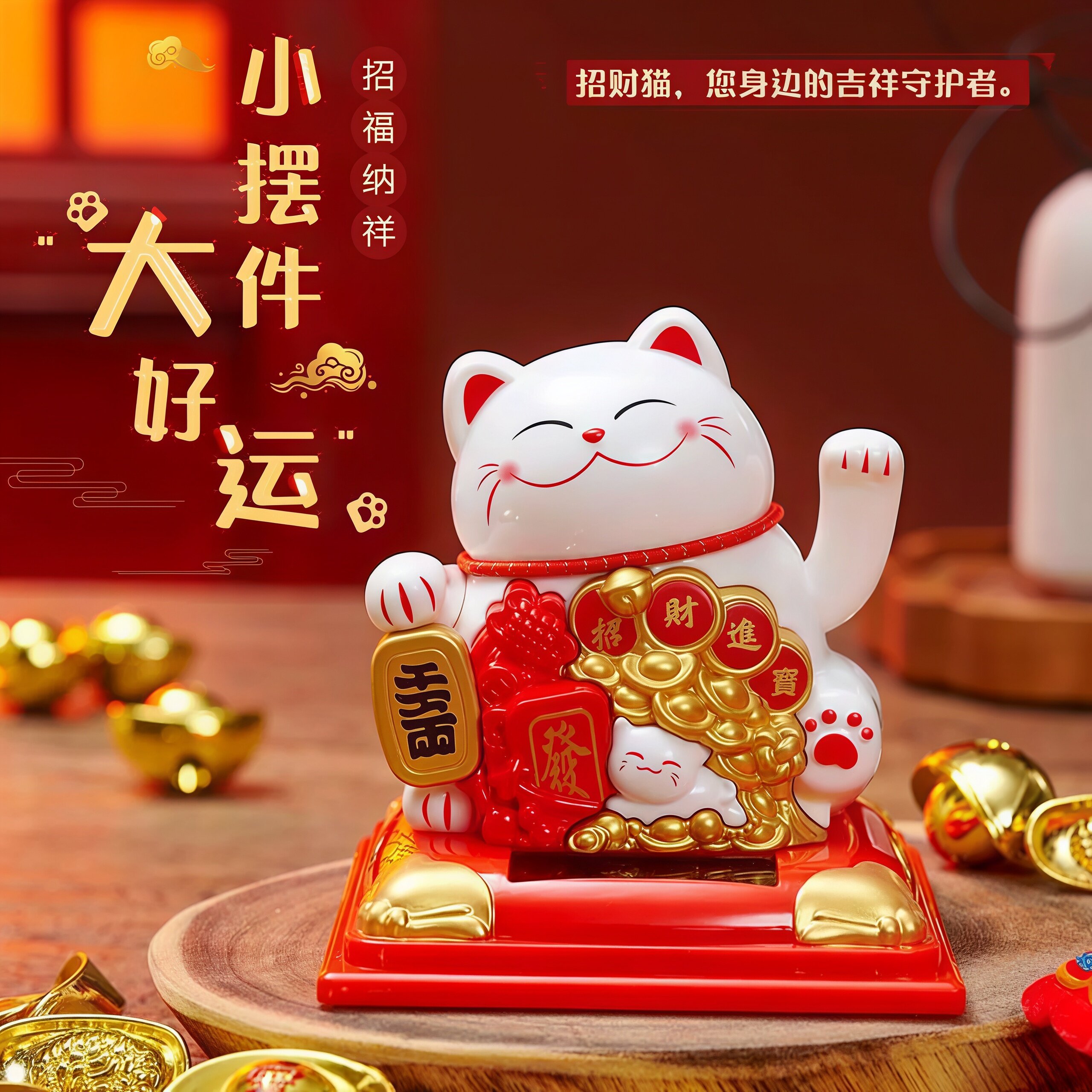 招财猫摆件太阳能迷你招财猫自动招手摇手桌面摆件客厅办公室车载