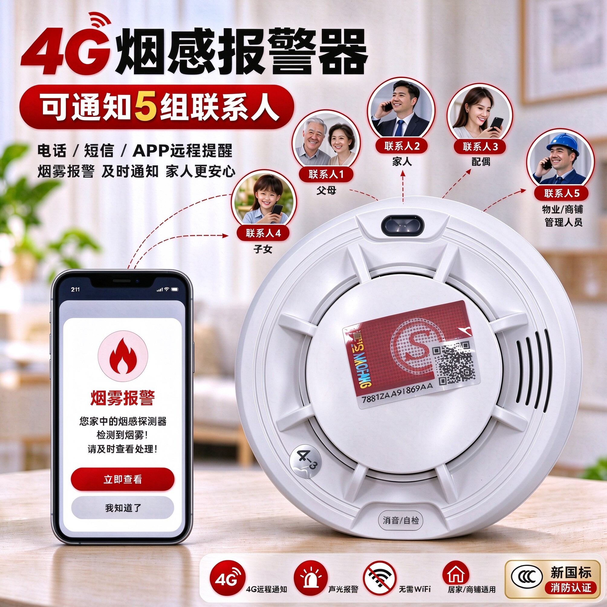 智能烟雾报警器连手机消防专用商用家用火灾NB联网4G烟感应报警器