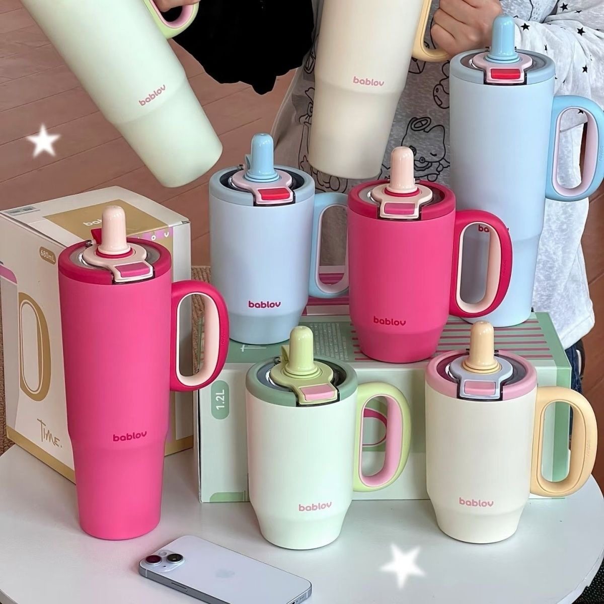 bablov大容量吸管保温杯女2026新款高颜值办公室不锈钢水杯带把手