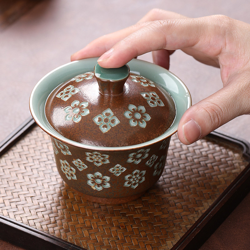 青瓷宝相花二才盖碗草木灰悬停泡茶碗精致家用泡茶器带盖茶杯礼盒