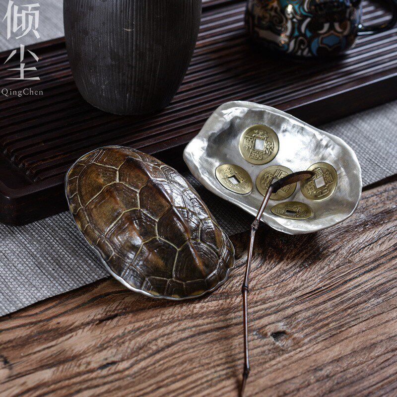 999纯银五帝钱龟壳茶则天然龟甲茶荷纯手工龟背足银精工打造收藏