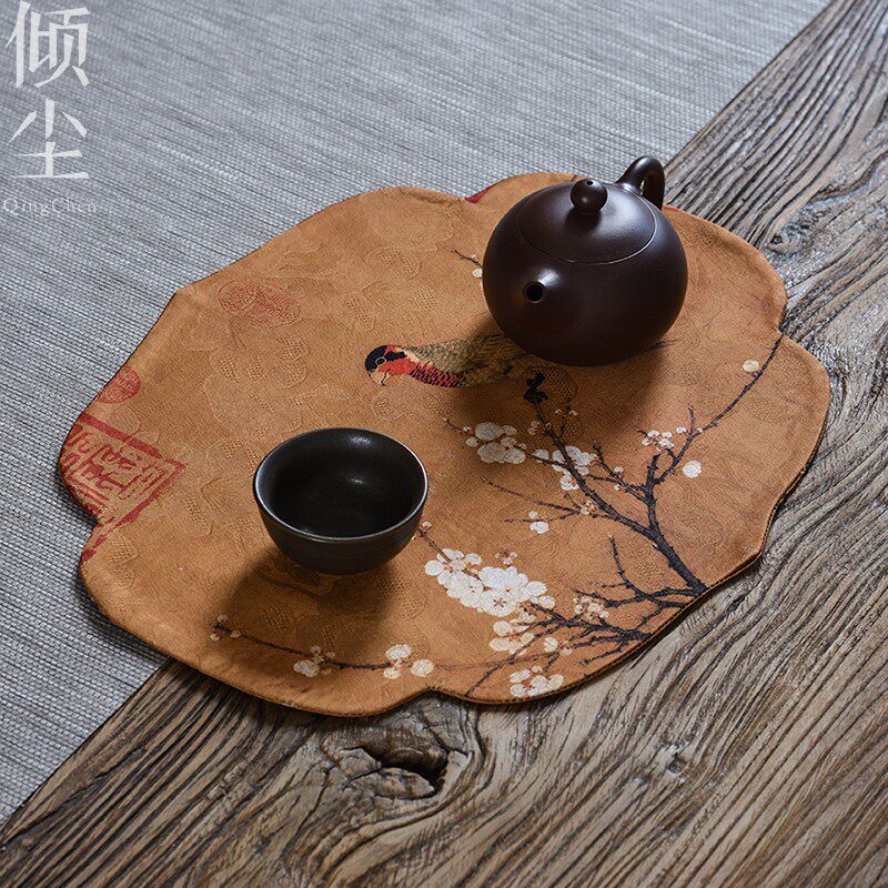 古画茶席五色鹦鹉茶垫桌旗梅花绣眼桌布香席布艺云纱中式禅意干泡