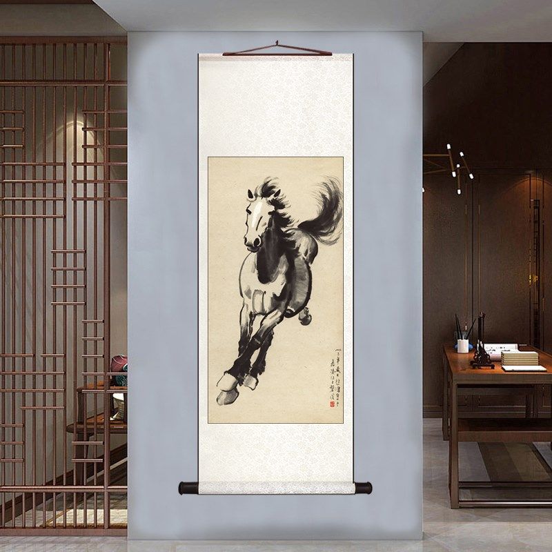 徐悲鸿马到成功新中式客厅玄关装饰画卷轴字画中国风书房办公室挂