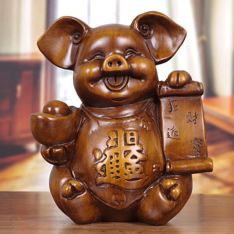猪摆件实木雕招财进宝新中式创意生日礼品家居客厅玄关酒柜装饰品