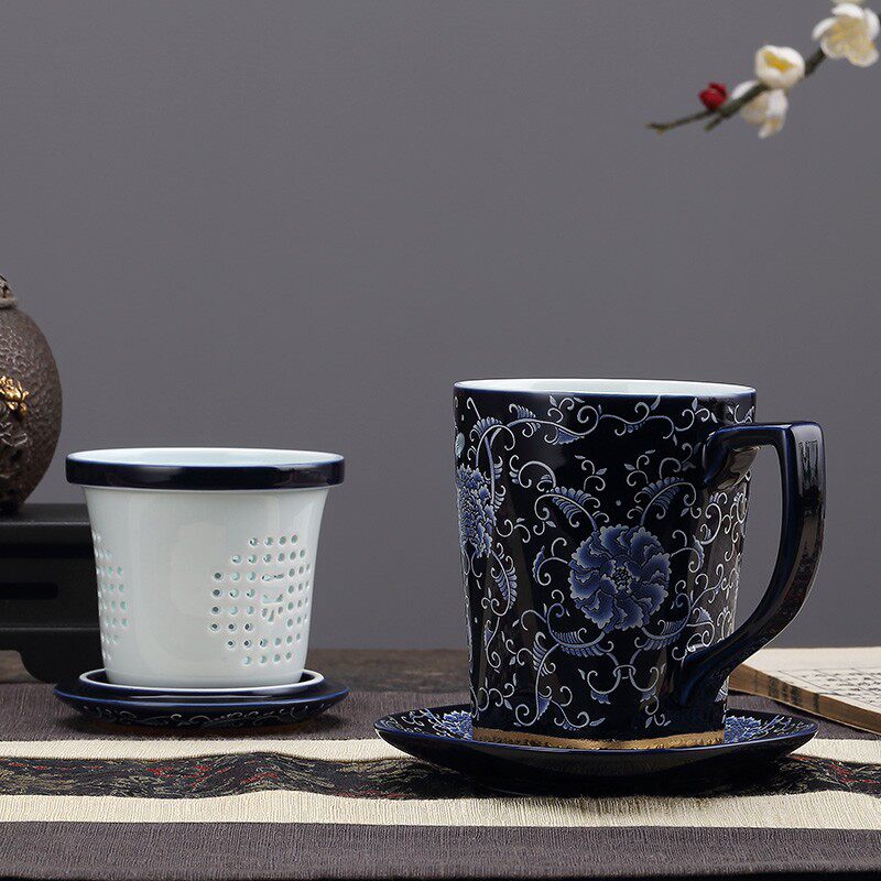 一园陶瓷茶杯茶水分离杯男士高档带盖过滤办公室个人专用泡茶杯子