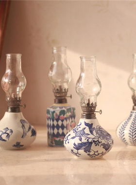 复古老货陶瓷煤油灯釉下彩手绘花瓶摆件色彩雅致脱俗