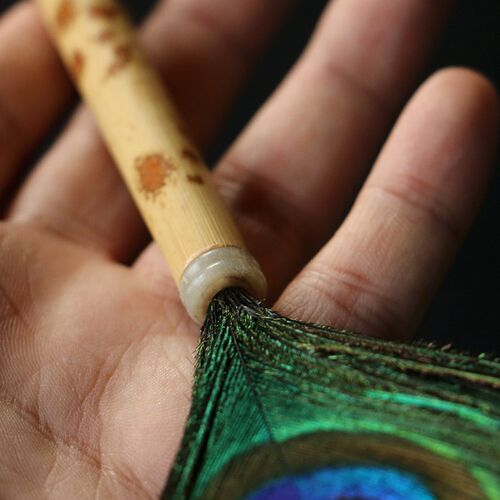 精品纯手工制作天然越湘妃竹孔雀毛小佛尘牛角封口竹尘掸随机发货