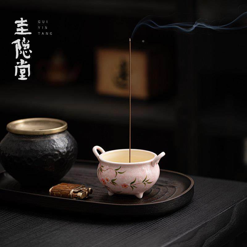 圭隐堂粉引雕OWB手绘浮桃花香炉禅意沉香檀香线香插茶熏香道炉摆