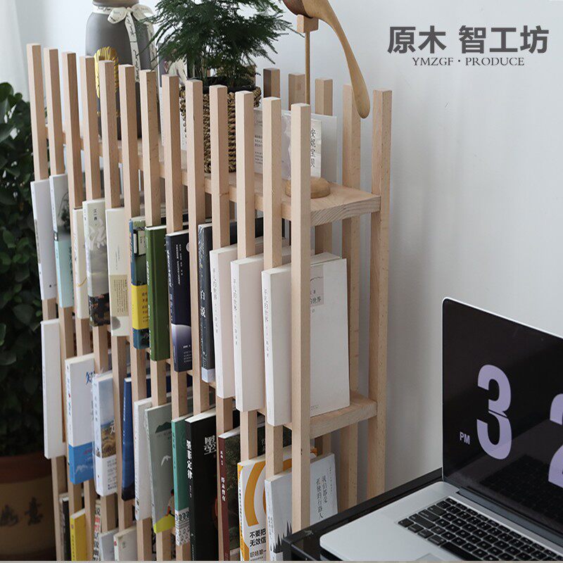 原木智工坊木条书架北欧简约黑胡桃房客厅落地隔断屏风置物架摆件