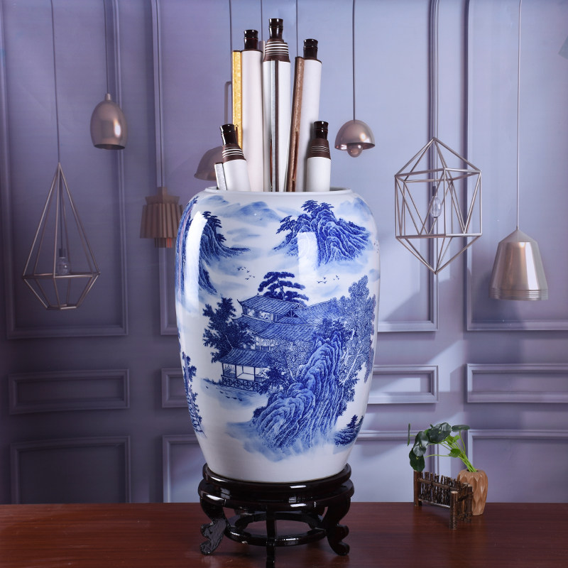 景德镇陶瓷青花瓷书画缸卷轴缸手绘字画缸中式落地花瓶陶瓷花瓶