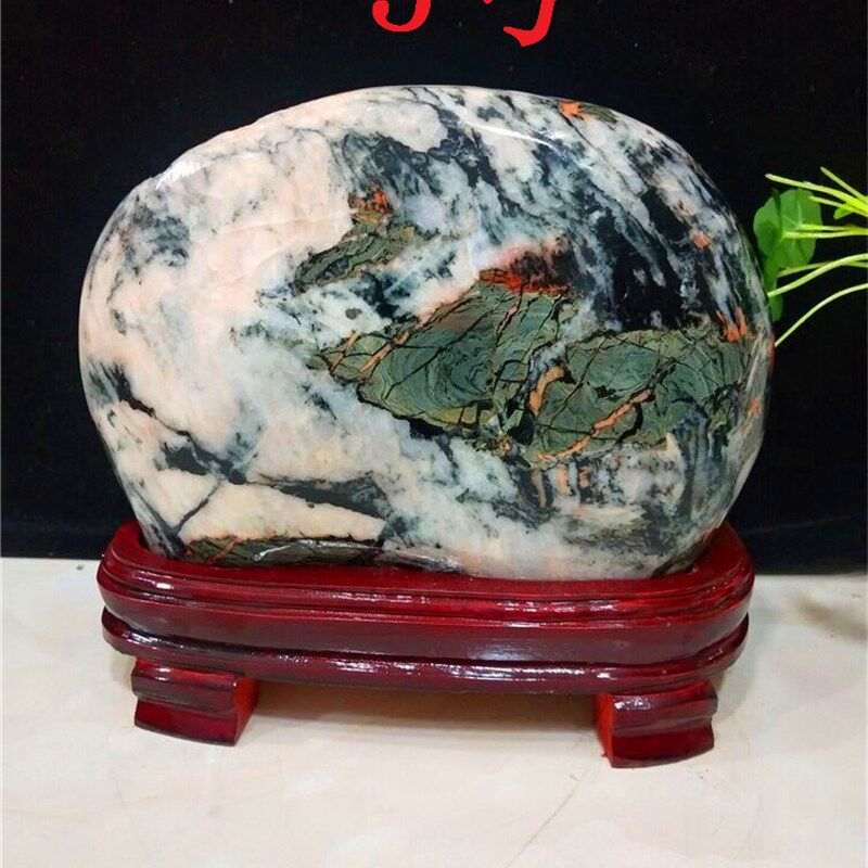 精品包邮七彩玉石草花石图案石红碧玉收藏奇石观赏石原石石头摆件