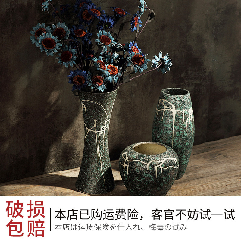 景德镇陶瓷粗陶美式花瓶餐桌干花客厅插花摆件手工复古做旧花盆