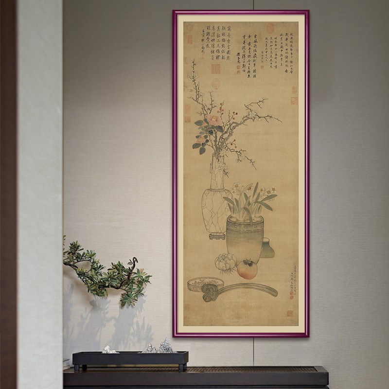 陈洪绶岁朝图竖版玄关画中式客厅装饰画古典花卉书房过道壁画