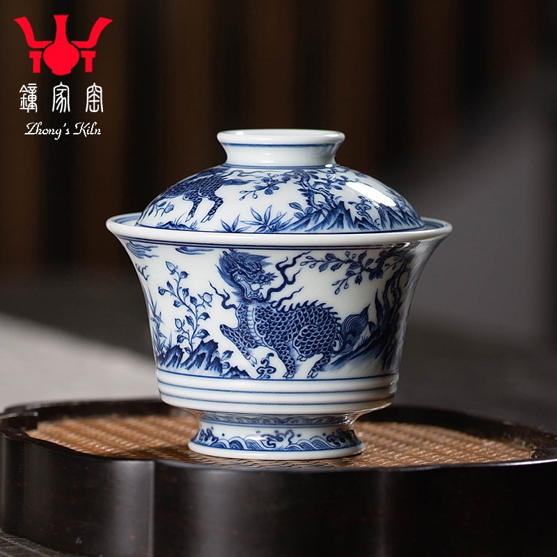 钟家窑盖碗茶杯 景德镇二才碗柴窑青花手绘麒麟茶碗功夫茶泡茶碗