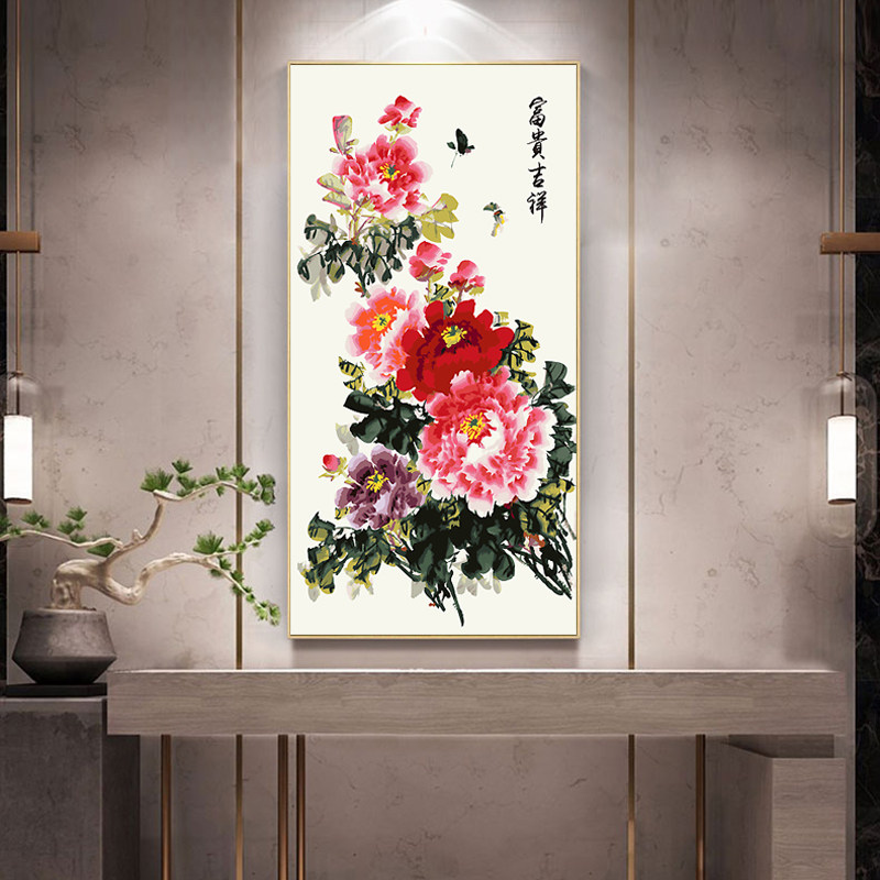 竖版国画牡丹花DIY数字油画新中式花卉客厅玄关装饰画花开富贵