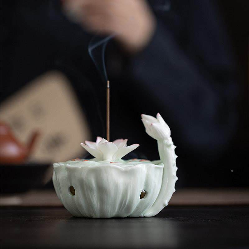 莲花盘香炉陶瓷手工捏花家香炉禅用意茶室书LJC-4023房桌面薰熏香