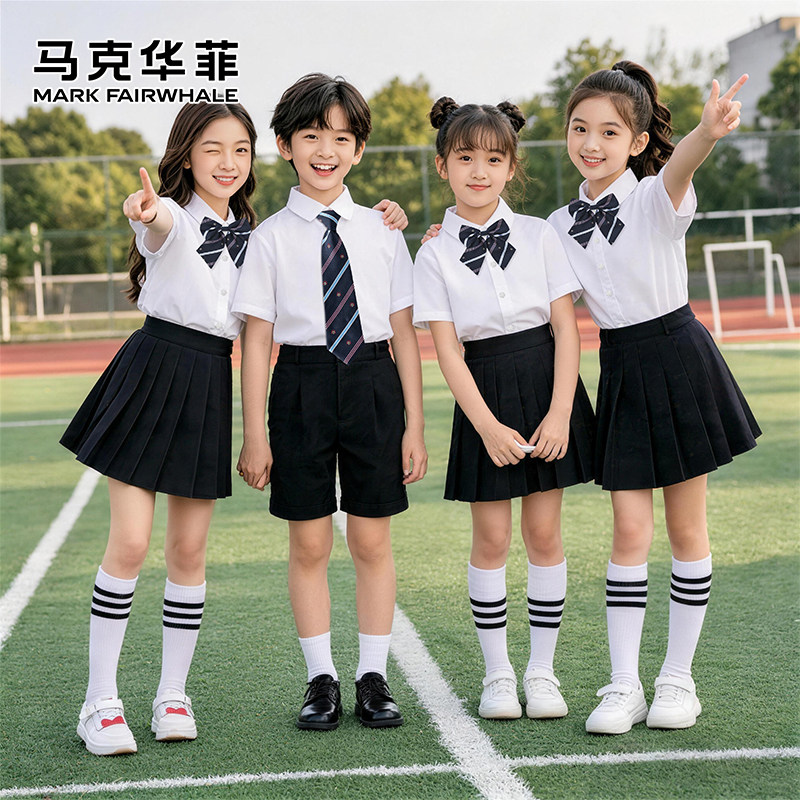 马克华菲儿童短袖白色衬衫小学生夏衬衣男童女童纯套装棉校服薄款
