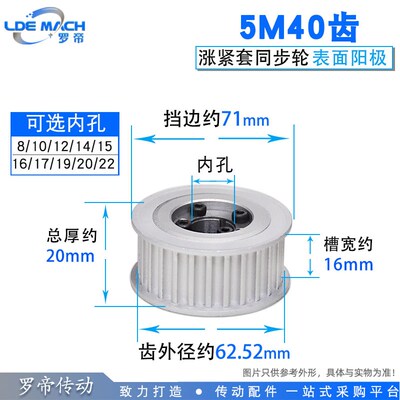 涨紧套同步轮5M40齿5M40T同步皮带轮 槽宽16 内孔8-22 铝合金带轮