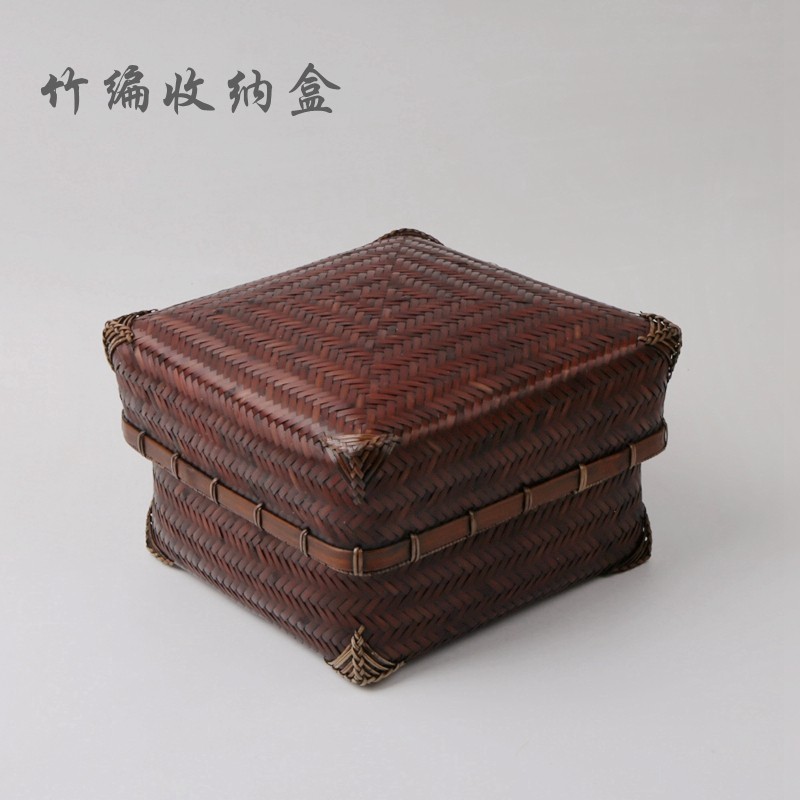 手工竹编筐 精品竹编茶盒 竹乡工艺碳化竹编收纳篮 仿古竹篮子