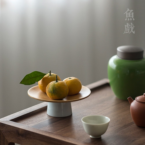 鱼戏 中式高脚创意家用陶瓷竹制果盘点心盘水果碟子干果盘茶点盘