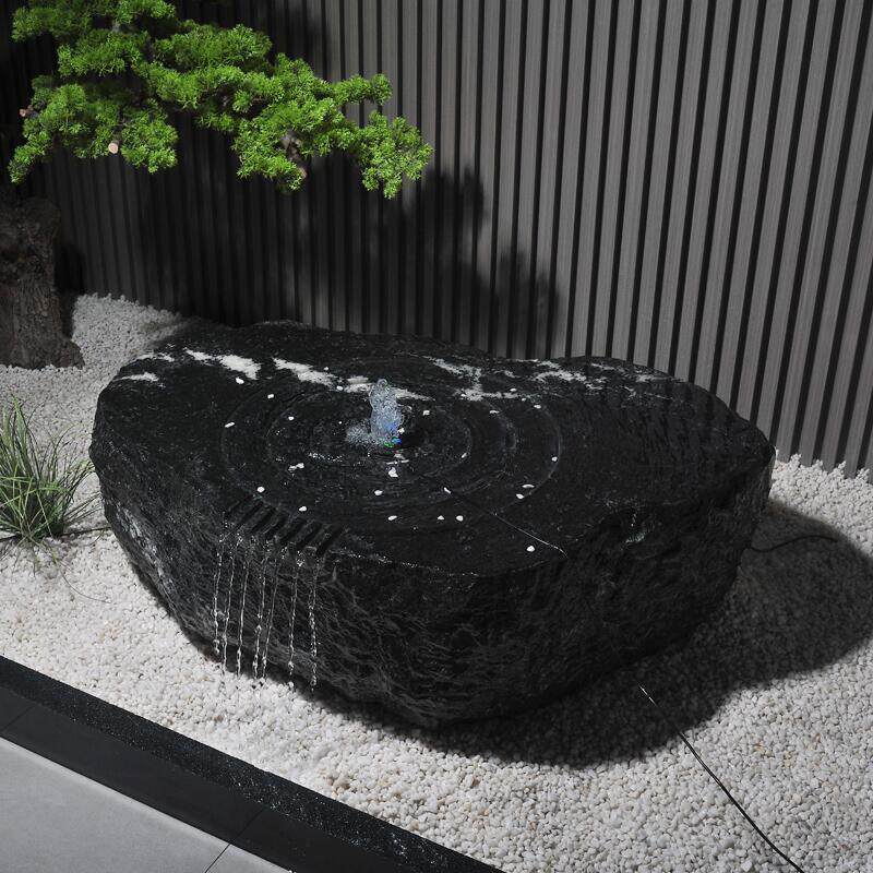 石雕日式石钵流水盆黑山石水钵景观禅意户外庭院大型石头喷泉摆件