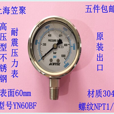ACUTEK 高压型 全不锈钢耐震压力表 YN60BF 1000bar NPT1/4