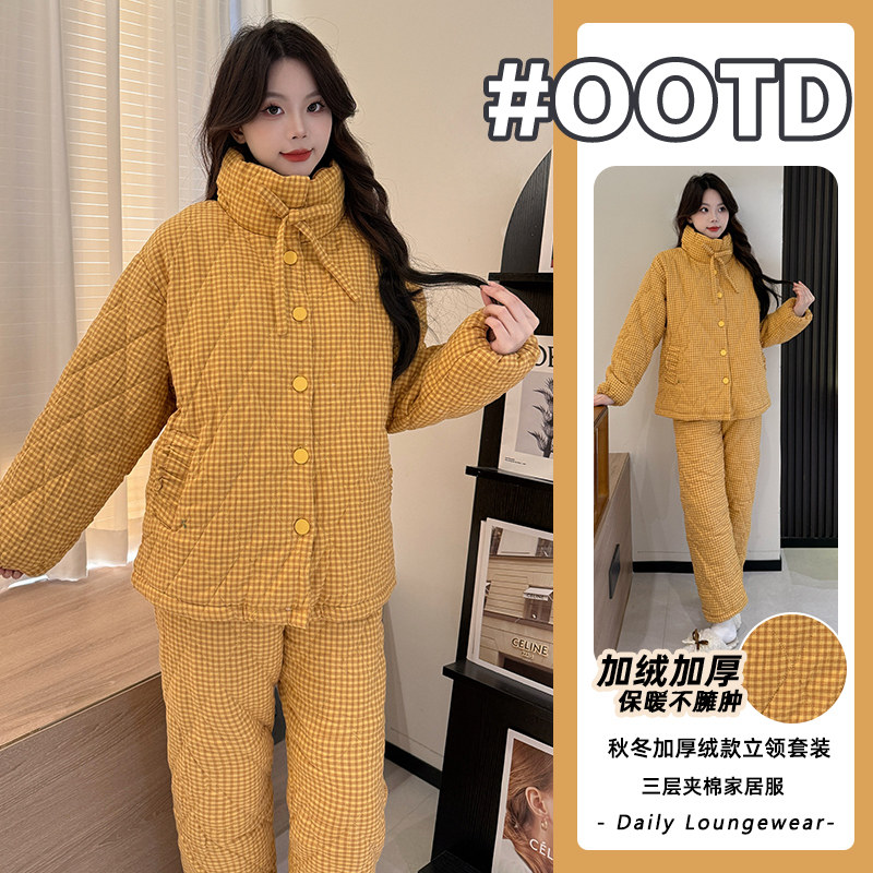 冬季三层夹棉加绒女睡衣套装