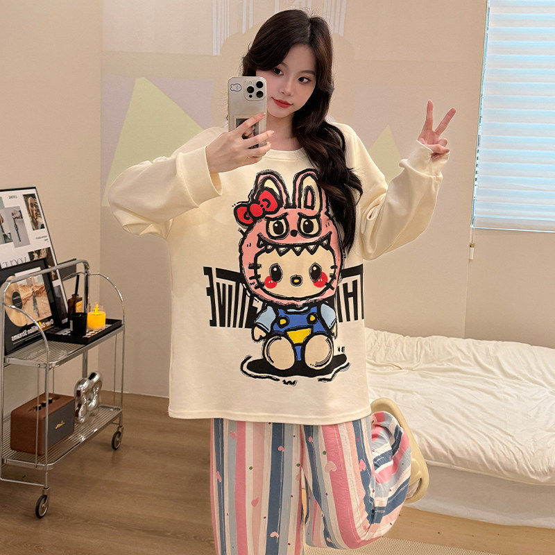 大麦睡衣春季新款带胸垫睡衣女纯棉长袖长裤家居服套装可外穿时尚