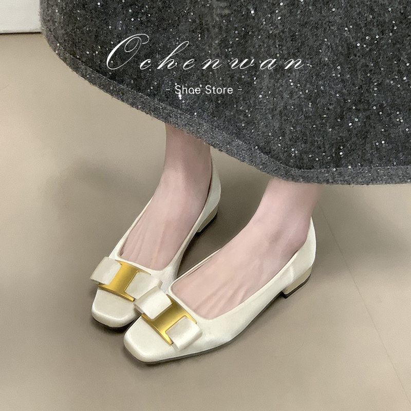 法式缎面方扣蝴蝶结单鞋粗跟2026春季通勤气质一脚蹬鞋,女鞋,浅口单鞋,淘宝优惠券,粉丝福利购,淘宝优惠卷