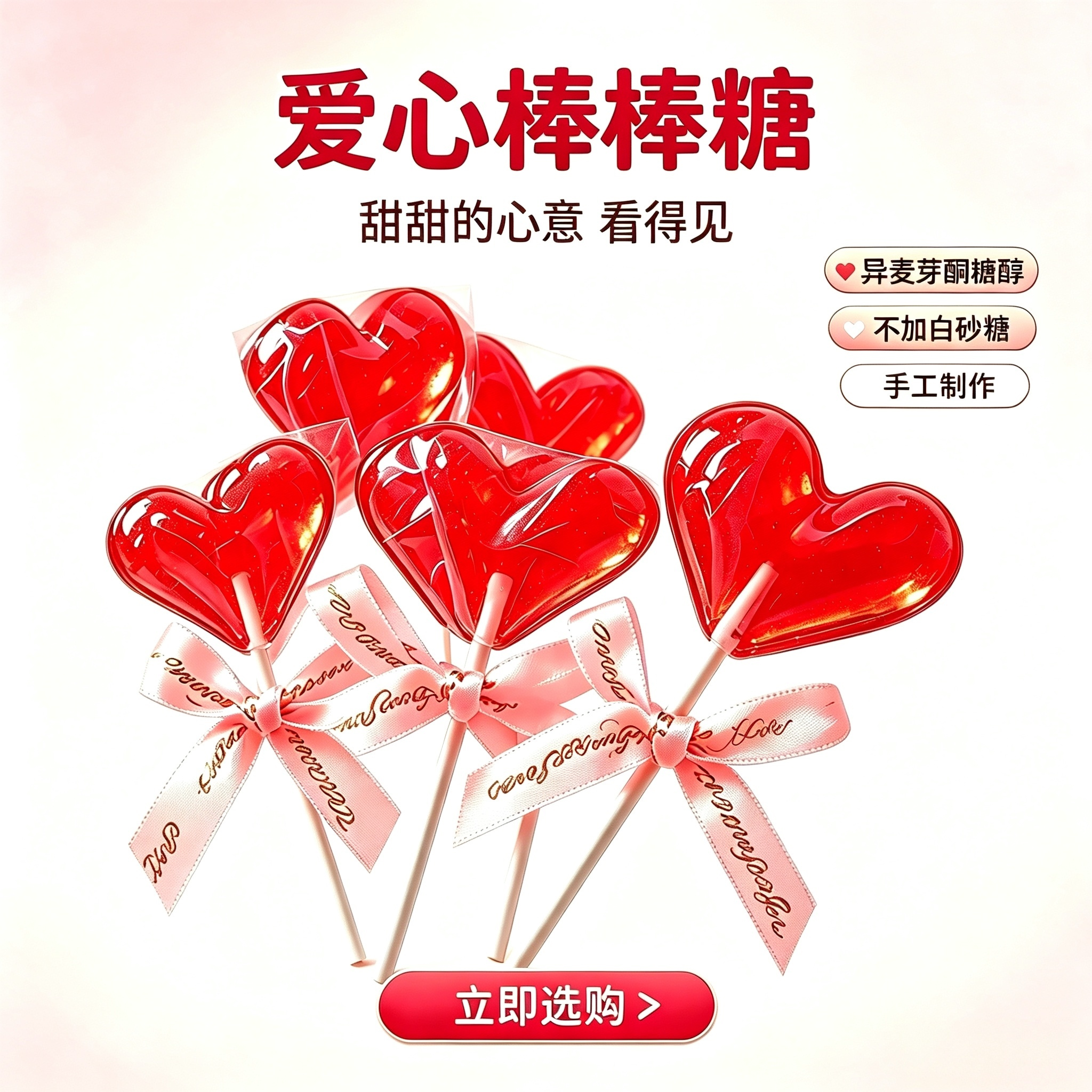 红色爱心棒棒糖创意无蔗糖零食心形造型糖果七夕节日活动礼品批发