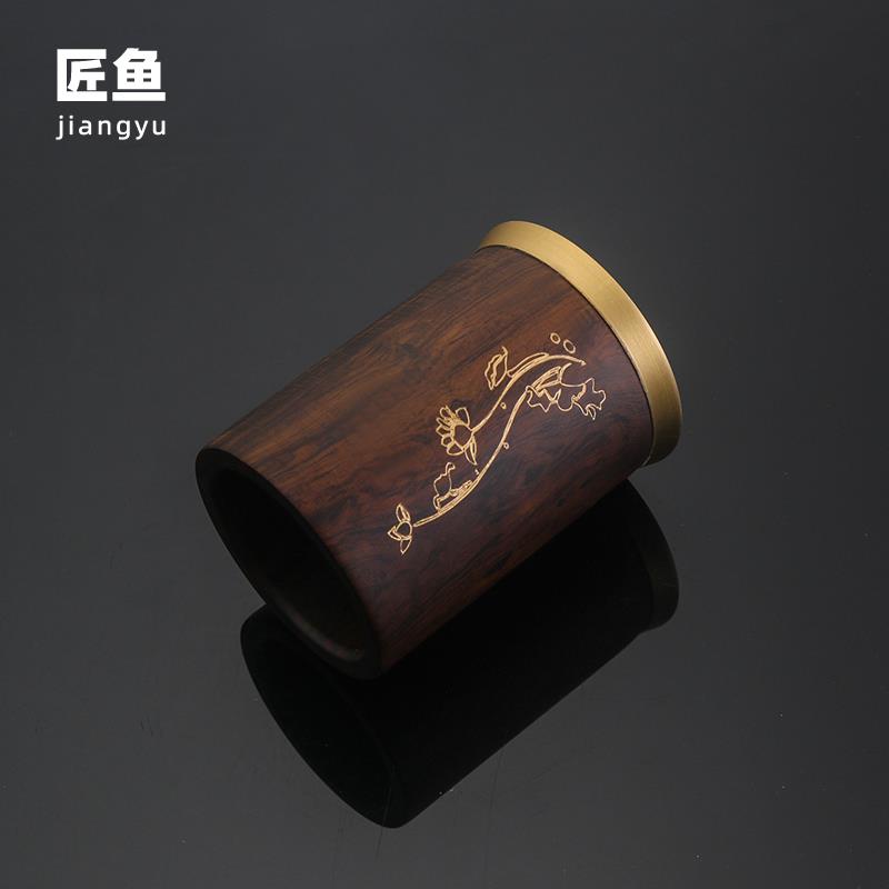 匠鱼黑檀木单个茶筒茶道六君子套装实木收纳筒收纳盒黄铜茶具配件