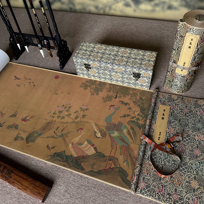 徐熙 百鸟图绢本横幅挂画装饰画艺术微喷临摹复制客厅装饰花鸟画