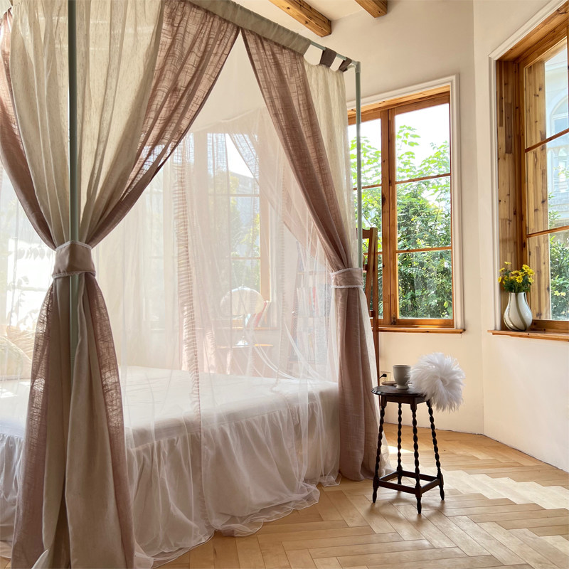 新款民宿亚麻风双层宫廷蚊帐家用卧室高级氛围感床幔遮光布防尘顶