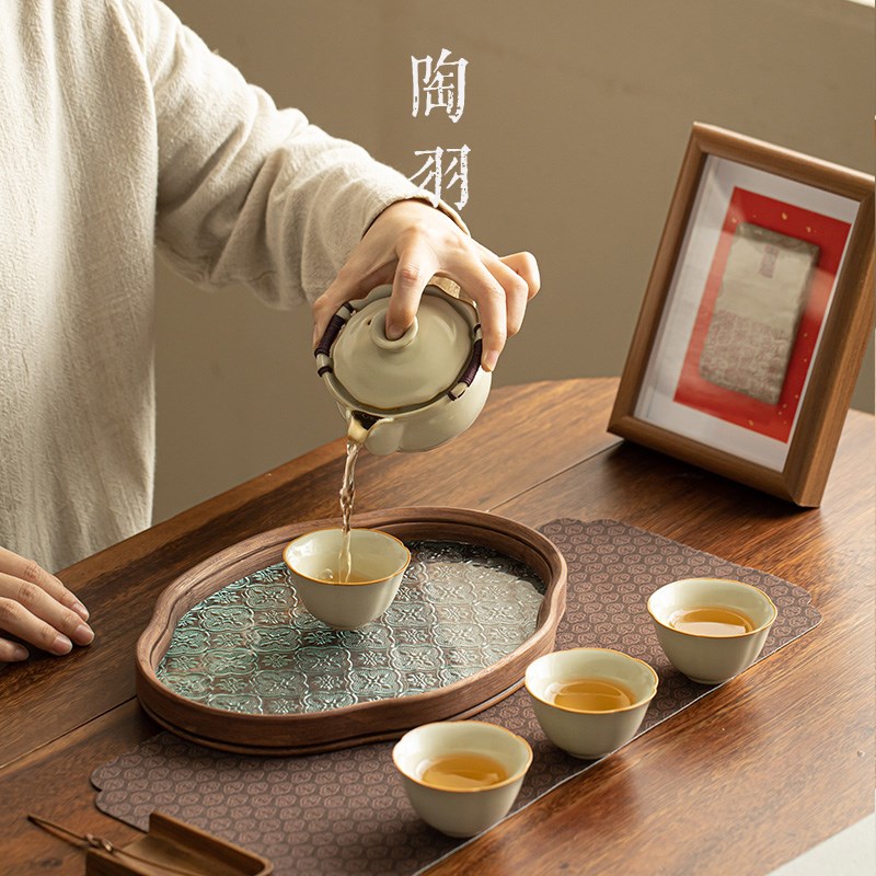 米黄汝窑手抓壶盖碗一壶四杯防烫泡茶碗茶杯茶盘功夫茶具礼盒装
