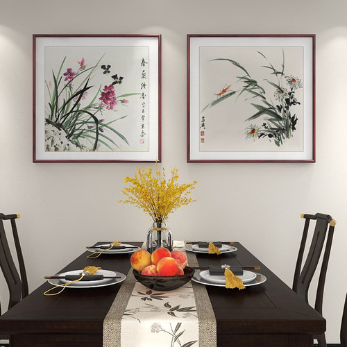国画兰花装饰画玄关壁画中式餐厅饭厅客厅花鸟挂画方形水墨画手绘