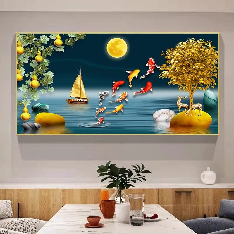 招财九鱼图餐厅装饰画吃饭厅新中式饭桌高档挂画餐桌背景墙面壁画