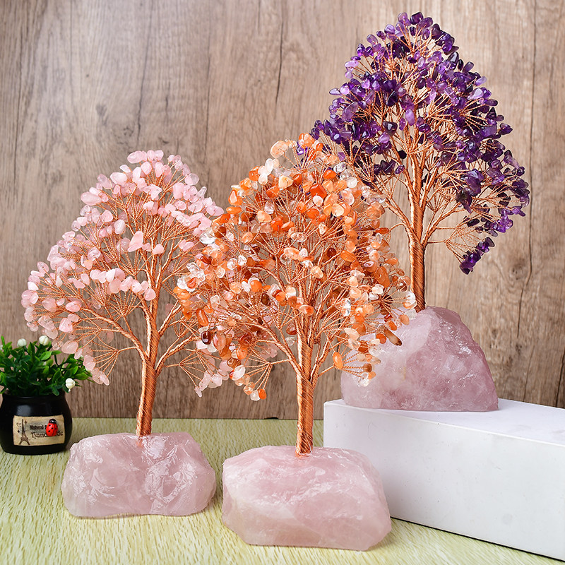 水晶树粉晶宝石天然黄水晶招财树摆件饰品送礼物可爱工艺品消磁石